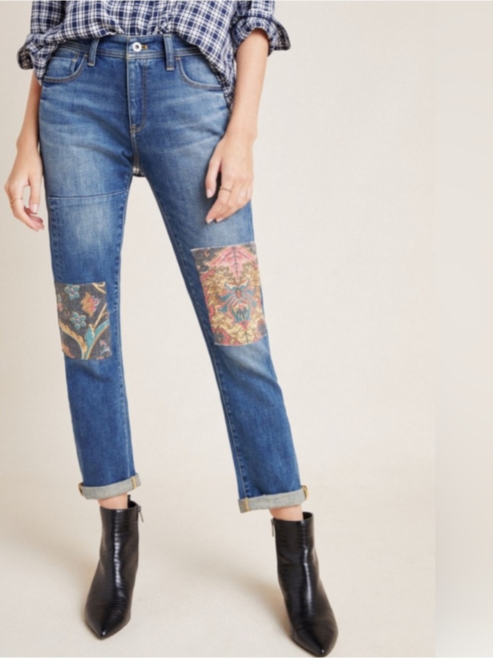 Anthropologie Mid-Blue Boyfriend Jeans with Floral Knee Patches